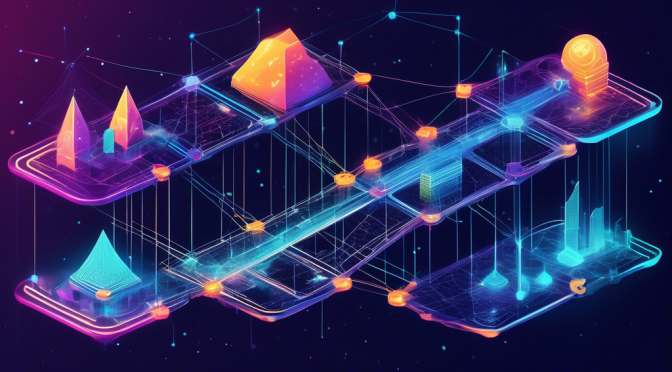 Create an illustration depicting the Axelar Network as a dynamic, futuristic bridge connecting multiple diverse blockchain ecosystems. Show various blockchains represented as distinct, vibrant digital islands with unique symbols, interconnected by a sleek, glowing bridge symbolizing Axelar. Incorporate elements of data flowing seamlessly between these islands over the bridge. The background should have a cosmic or digital matrix theme, emphasizing the advanced technology and innovation of the Axelar Network.