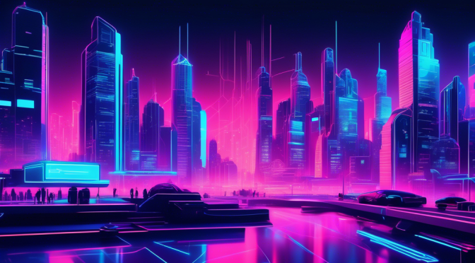 Create an illustration of a futuristic cityscape where digital transactions are happening seamlessly using XDC Crypto. Incorporate holographic interfaces, people using mobile devices, and a modern, high-tech banking hub as the central focus. Use a sleek, cyberpunk aesthetic with vibrant neon lights to convey innovation and advancement.