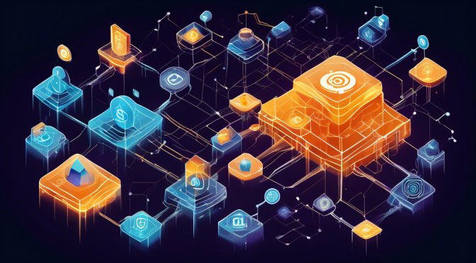 Create an image that depicts the fundamental aspects of a cryptocurrency network. Show a futuristic digital landscape with interconnected nodes representing a blockchain. Include symbols of key elements like cryptographic keys, blocks, and transactions. Highlight security features with icons like shields or locks. The overall mood should be innovative and secure, illustrating the complexity and reliability of the crypto network.