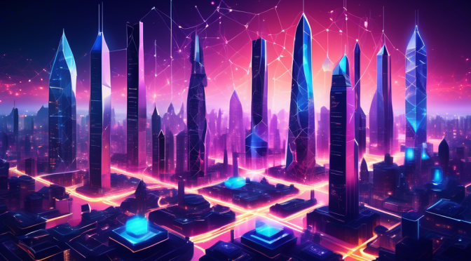 Create an image showing a futuristic digital landscape, with a diverse array of interconnected blockchain networks symbolized as high-tech skyscrapers. Each tower represents a different L1 blockchain, labeled with names like Ethereum, Solana, Polkadot, and Avalanche. The scene is vibrant, with glowing pathways linking the towers, illustrating interoperability and innovation in the blockchain ecosystem. The sky is filled with ethereal digital clouds to indicate decentralized data storage and the entire atmosphere is energetic and forward-looking.