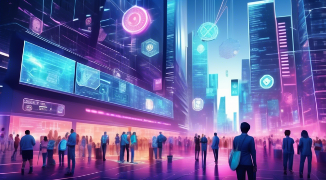 Create an image depicting a futuristic urban setting where people are engaged in various activities involving digital currency. Highlight a sleek digital interface labeled Colt Crypto being used by diverse individuals for transactions, investment, and commerce. Include elements such as holographic screens, advanced financial technology, and vibrant, modern architecture to emphasize the revolutionary impact of Colt Crypto on daily life and the economy.