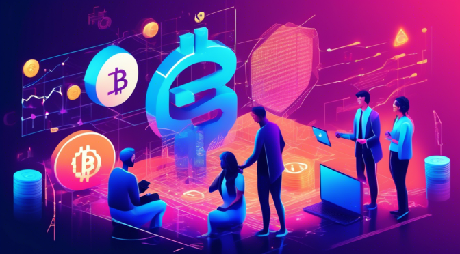 Create an image depicting a diverse group of investors interacting with various digital cryptocurrency symbols in a futuristic, technologically advanced setting, illustrating the benefits of using an all-inclusive crypto network. The scene should show charts, data screens, and interconnected blockchain graphics to represent different aspects of investment opportunities.