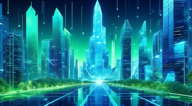 Create an image illustrating the potential future of ADA Network Crypto: a futuristic cityscape with advanced blockchain technology elements, including holographic screens displaying ADA transactions, sleek skyscrapers made of digital patterns, and citizens using smart devices seamlessly integrated with the ADA network. Incorporate a mix of vibrant blues and greens to represent sustainability and innovation, with a central symbol of the ADA cryptocurrency subtly integrated into the scene.