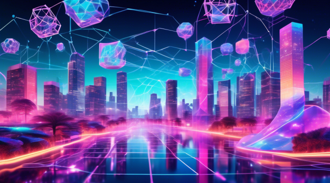 Create a futuristic digital artwork depicting interconnected NFTs floating in a network of vibrant, glowing blockchain nodes. Include various forms of digital art, such as virtual land, crypto collectibles, and digital real estate, symbolizing the evolving landscape of NFT finance. The background should hint at a futuristic cityscape with holographic financial graphs and charts, showcasing the integration of NFT finance in the virtual economy. Use a color palette with electric blues, deep purples, and neon accents to give the image a high-tech, avant-garde feel.