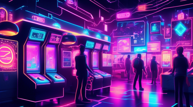 Create a futuristic digital art illustration of a bustling arcade filled with neon lights and cryptocurrency symbols, showcasing digital screens displaying graphs and trends. Incorporate elements representing the Arcade Network crypto, such as tokens or logos, highlighting a sense of financial analysis and futuristic technology.