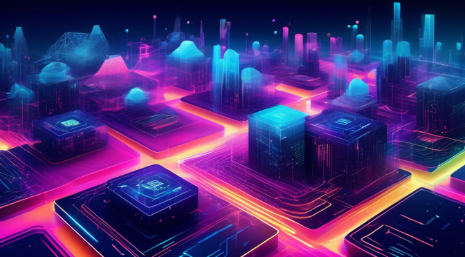 Create a futuristic digital landscape with sleek, abstract designs representing blockchain technology. Incorporate vivid, intertwining networks of light symbolizing secure and fast transactions. Highlight elements of innovation, transparency, and security, with dynamic holographic interfaces and a sophisticated yet vibrant color scheme. Include subtle references to Arkane Blockchain through logos or branding elements, ensuring the imagery conveys a sense of revolution and cutting-edge technology in digital transactions.