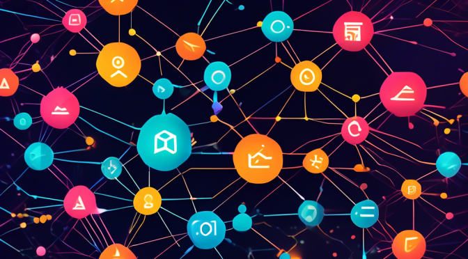 Create an image depicting futuristic interconnected blockchain networks with vibrant and sleek digital lines, representing Astar and Polkadot's collaboration. Show various colorful nodes symbolizing different blockchains communicating seamlessly, supervised by modern icons for Astar and Polkadot. Emphasize a sense of advanced technology and innovation revolutionizing interoperability in the digital world.