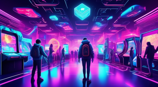 Create a vibrant and futuristic scene showcasing a sprawling virtual arcade filled with holographic games, blockchain symbols, and gamers interacting through augmented reality. Include interfaces with crypto tokens being exchanged, and background elements that blend cutting-edge technology with nostalgic gaming aesthetics.