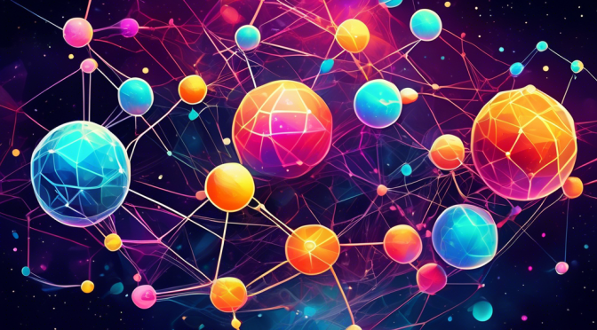 Create a futuristic, visually stunning digital artwork showcasing the Atom Cosmos Network. Depict interconnected galaxies and planets representing decentralized nodes and blockchain technology. Highlight the seamless and innovative connections with vibrant colors, depicting the groundbreaking advancements in decentralized technology. Include elements of cosmic space, advanced computers, and data streams to symbolize the technological breakthrough.