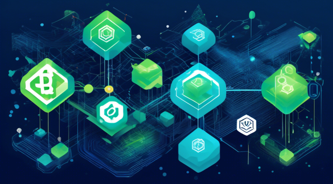 Create a detailed illustration showcasing the impact of Avalanche on three major blockchains: Bitcoin, Ethereum, and Polkadot. Include visual elements such as the interconnected nodes, transaction speed, and scalability improvements, represented by futuristic and dynamic visual effects. Use a color palette that predominantly features shades of blue and green to signify technological advancements.