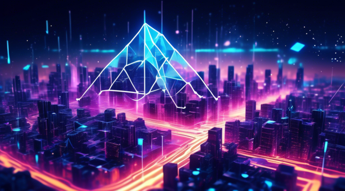 Create a futuristic digital art scene depicting the Avalanche (AVAX) Network revolutionizing blockchain technology. Show a dynamic, interconnected cityscape with glowing blockchain nodes and data streams flowing seamlessly through them. Highlight the logo and elements of Avalanche, with advanced technology and digital innovation clearly evident. Use a sleek, modern aesthetic with vibrant colors to emphasize the transformative impact on blockchain technology.