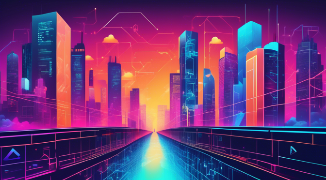 Create an image depicting a digital bridge transitioning from a vibrant, colorful testnet environment filled with coding symbols and blockchain elements to a sleek, professional mainnet cityscape. Include icons representing blockchain, smart contracts, and security measures to signify the transition from testnet to mainnet in the Aptos network.