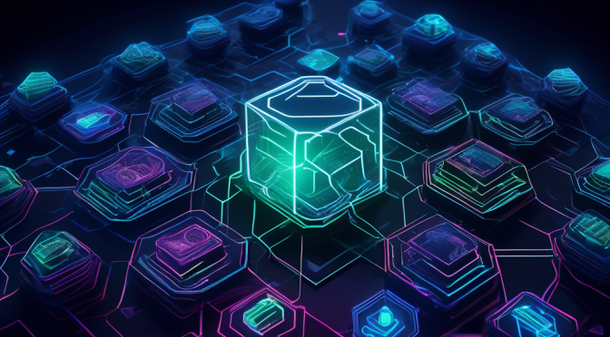 Create a detailed digital illustration of the Astar Blockchain concept, featuring interconnected hexagonal nodes, dark mode user interface elements, and a futuristic skyline in the background. Integrate vivid colors such as neon blue and electric green to emphasize the advanced technology, with subtle elements like blockchain chains and data flow lines to symbolize the comprehensive guide aspect.