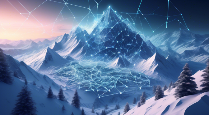 Create an intricate and visually engaging image that depicts a high-tech, interconnected network of subnets represented as futuristic, glowing, geometric structures atop a snowy mountain landscape, symbolizing the concept of Avalanche Subnets. Each geometric structure is connected by luminous data streams, emphasizing the significance of communication and blockchain technology in this interconnected system. Include a central node at the peak of the mountain to represent the main network coordinating these subnets, with a clear, starry night sky in the background to highlight the vast possibilities and potential of this technology.