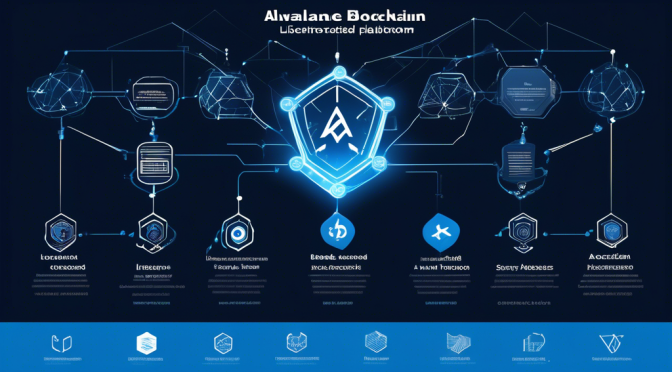 A highly detailed and visually engaging infographic of the Avalanche blockchain platform, highlighting its three key features. Show interconnected nodes symbolizing decentralization, a lightning-fast transaction icon for speed, and a shield to represent security. Use modern, tech-themed graphics with a color palette that includes blues and whites, complemented by accent colors. The background should evoke a futuristic feel with subtle digital elements and a grid pattern.