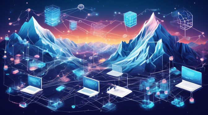 Create a detailed illustration of a bustling digital landscape, featuring interconnected blockchain nodes and servers. Prominently depict the Avalanche and Infura logos as key elements, with data streams actively flowing between them, symbolizing their role in blockchain development. Include developers working on computers, coding, and interacting with the network, showcasing collaboration and innovation. Add elements like mountains in the background to emphasize the 'avalanche' concept, and an abstract cloud to represent 'Infura.' Make the overall scene futuristic and dynamic, capturing the essence of cutting-edge blockchain technology.