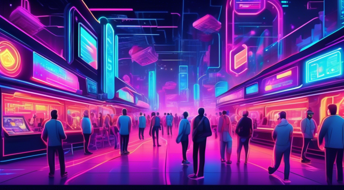 Create a vibrant digital illustration of a futuristic marketplace filled with bustling activity, where traders and enthusiasts are exchanging Arcade Network Crypto tokens. The setting should feature neon lights, holographic price boards, and a mix of both virtual and real-world elements. Showcase a central information kiosk with a sign that reads 'Ultimate Guide' and depict people using various modern devices to make transactions and gather information. Emphasize the theme of accessibility and cutting-edge technology in the world of cryptocurrency.