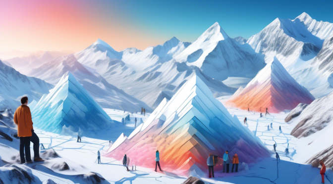 Create an image showcasing three distinct blockchains symbolized as interconnected avalanche layers on a mountainside, each with unique textures and colors to represent different blockchain technologies. In the foreground, several scientists are observing and analyzing the impact. The background includes a picturesque snowy landscape under a clear blue sky, with labels for each layer indicating 'Avalanche Blockchain,' 'Ethereum Blockchain,' and 'Binance Smart Chain.'