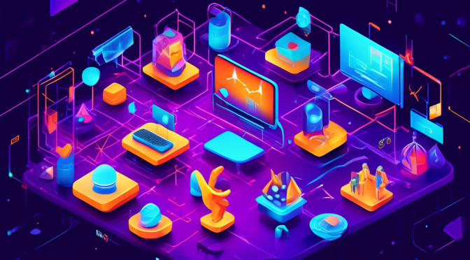 Create an illustration of a diverse digital gallery showcasing different types of NFTs (art, music, virtual real estate, and collectibles) each connected to various blockchain networks like Ethereum, Binance Smart Chain, and Solana, represented by distinct vibrant icons. The background should feature nodes and chains symbolizing the interconnected nature of these networks, with a spotlight highlighting the pros and cons of each blockchain.