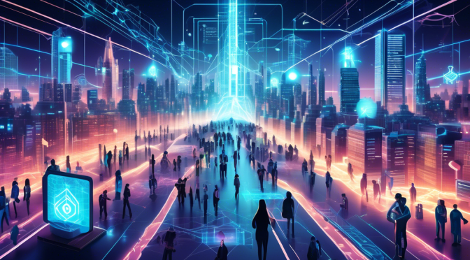 An intricate digital illustration depicting a futuristic cityscape where various blockchain networks are visually represented as interconnected, glowing pathways. Highlight distinct elements like the Ethereum logo, Bitcoin symbol, and other notable cryptocurrency icons within a modern, high-tech environment. Include a diverse group of people engaging with the technology through holographic screens, symbolizing a comprehensive exploration and discovery of the best crypto networks.