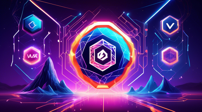 Create a vibrant, futuristic illustration of three interconnected blockchains, each represented by a unique, glowing geometric shape with circuitry patterns. In the center, a dynamic AVAX logo integrates the three blockchains, symbolizing their unity and power. The background features a cosmic, digital landscape with floating data streams and nodes, enhancing the sense of advanced technology and innovation.