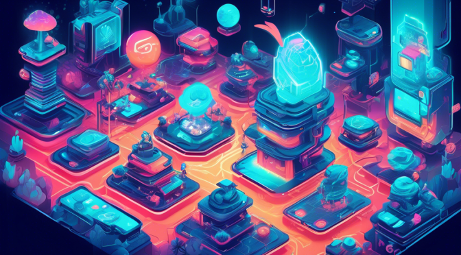 Create an illustration of a futuristic virtual world showcasing Axie Infinity characters interacting on a sleek, innovative blockchain network called Ronin. Highlight the vibrant and dynamic nature of the blockchain gaming revolution, emphasizing secure and seamless transactions with futuristic digital elements.