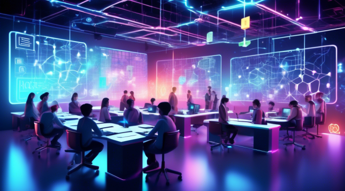 A vibrant and futuristic digital classroom featuring diverse students from around the world, each engaged with blockchain technology on holographic screens. The background showcases interconnected nodes and cryptocurrency symbols, highlighting the educational aspects of blockchain. Large letters spelling 'BEN' hover above, signifying the Blockchain Education Network.