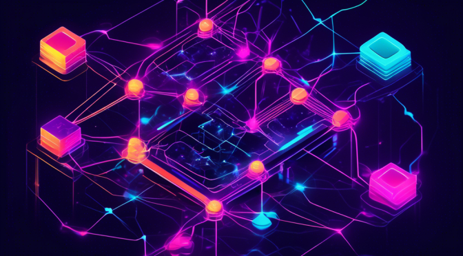 Create an image of a futuristic digital network called the AVAXC Network, showcasing interconnected blockchain nodes with vibrant neon colors. Emphasize a high-tech, seamless environment with abstract representations of secure transactions, decentralized applications, and lightning-fast speed. Include subtle financial symbols to hint at its benefits in the cryptocurrency world.