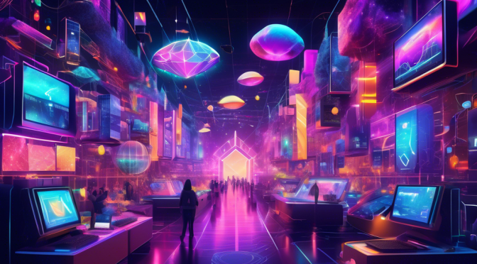 Create an artistic depiction of a futuristic digital marketplace, showcasing a vibrant array of colorful NFTs like digital art, collectibles, and virtual assets. Highlight various blockchain networks as interconnected, glowing pathways, each prominently labeled (Ethereum, Solana, Binance Smart Chain, etc.), converging at the heart of the marketplace. The scene should exude innovation, security, and seamless interaction, reflecting the comprehensive aspect of the guide.