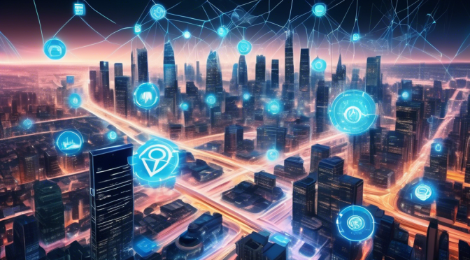 Create a highly detailed and futuristic image depicting a bustling metropolitan cityscape with advanced technology and infrastructure. In the center, show a sleek, digital hub with interconnected nodes and blockchain symbols representing the Axelar Network. Various holographic interfaces and people utilizing augmented reality devices illustrate the modern integration of blockchain in daily financial transactions. The overall atmosphere is vibrant with a sense of innovation and connectivity. For a touch of realism, include recognizable cryptocurrency logos subtly integrated into the scene.