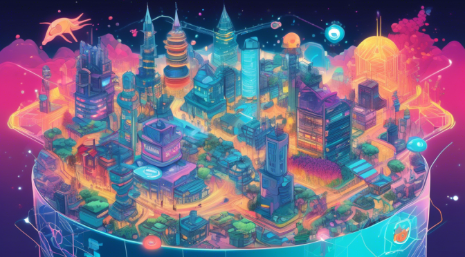 Create an image illustrating the Axie Infinity Ronin Network: show a digital landscape with a vibrant, futuristic city representing the blockchain network. Highlight key elements such as Axie creatures interacting, seamless transactions occurring on a network depicted as interconnected pathways, and a central hub symbolizing the Ronin sidechain. Include visuals of security and scalability, with elements like digital locks and expanding infrastructure, to emphasize the network's efficiency and protection.