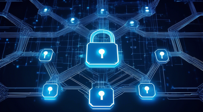 Create an image of a futuristic, high-tech network system focusing on blockchain security (BCS) and cryptocurrency. The network nodes are represented by glowing circuit nodes with padlock icons, connected by sleek, luminous lines. In the backdrop, digital codes and blockchain symbols are interwoven, giving a sense of advanced cryptographic infrastructure. The overall aesthetic is modern with a blend of dark blues, greens, and subtle neon highlights to emphasize the cutting-edge technology.