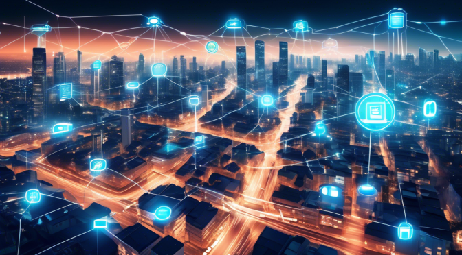 Create an image depicting the concept of IoT devices connected through blockchain technology. Visualize a futuristic cityscape with various smart devices like cars, home appliances, and street lights, each connected through visible digital chains or links representing blockchain. The devices should emit a soft glow, symbolizing secure data exchange, with a backdrop of a digital grid overlay on the city sky. Include elements like digital keys and padlocks floating above the devices to emphasize security.