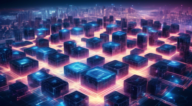 Create a futuristic cyber-themed image depicting a complex, glowing blockchain network. Each block in the network is intricately designed, symbolizing enhanced security measures, with digital locks and shields. The network is set against a backdrop of a high-tech cityscape at night, with efficient, seamless data flows illustrated as streams of light connecting the blocks. This visual representation captures the essence of increased security and efficiency through advanced blockchain technology.