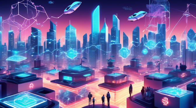 Create an image depicting a futuristic cityscape where buildings are interconnected by glowing blockchain networks. In the foreground, people and robots are exchanging goods using sleek, digital devices. The skyline features floating holograms displaying cryptocurrency symbols, while drones carry parcels between skyscrapers. The scene reflects a seamless, advanced payment system powered by blockchain technology.