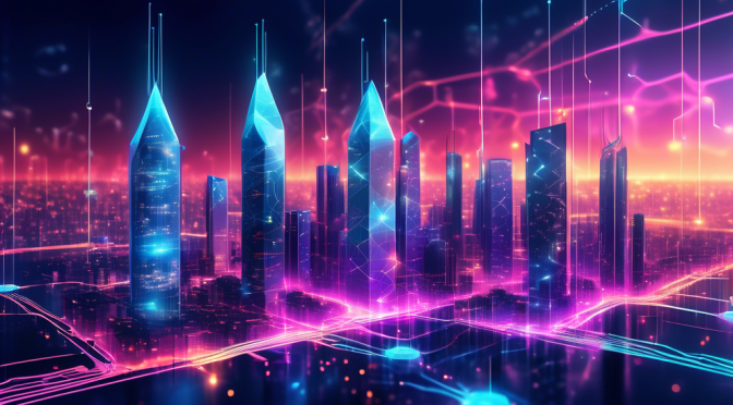 Create an image depicting a futuristic cityscape where skyscrapers are interconnected with glowing blockchain patterns, symbolizing an advanced blockchain cellular network. The city is alive with digital data streams visible in the air, connecting mobile devices, communication towers, and data servers, illustrating seamless connectivity and decentralization. The scene captures a sense of technological innovation and progress, with vibrant colors and dynamic elements to convey the energy of this revolutionary advancement.