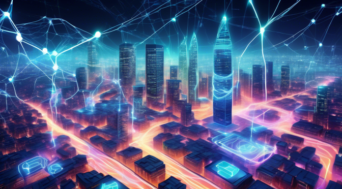 Create an image depicting a futuristic digital world where blockchain technology and the Lightning Network are seamlessly integrated. Visualize a vibrant cityscape with glowing interconnected networks spiraling around iconic structures. Include elements symbolizing blockchain, like digital chains and encrypted nodes, alongside streaks of lightning and energy currents, representing speed and efficiency. Incorporate people interacting with holographic devices, symbolizing ease of use and accessibility in everyday transactions. The setting should convey a sense of innovation, security, and connectivity.