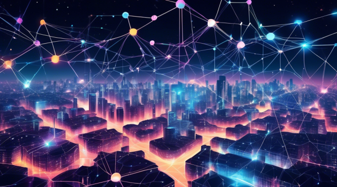 Create an image that visually represents the concept of blockchain technology transforming global connectivity in a futuristic setting. Illustrate a network of interconnected nodes spanning across a digital landscape, each representing a city glowing with vibrant lights. Integrate elements of blockchain like chains and blocks seamlessly into the network, symbolizing a new era of secure and efficient communication. The backdrop should be a starry night sky, emphasizing the limitless possibilities of this technological innovation.