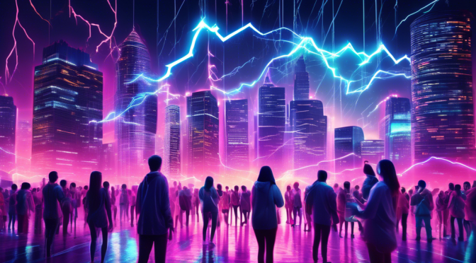 Create an image depicting a futuristic scene of a vibrant cityscape at night, where glowing lightning bolts represent blockchain technology connecting various buildings. In the foreground, show digital currency symbols floating above people's hands as they effortlessly transfer cryptocurrency transactions. The image should convey the speed and efficiency of blockchain lightning technology, with neon colors illuminating the city, symbolizing the transformation of the financial landscape.