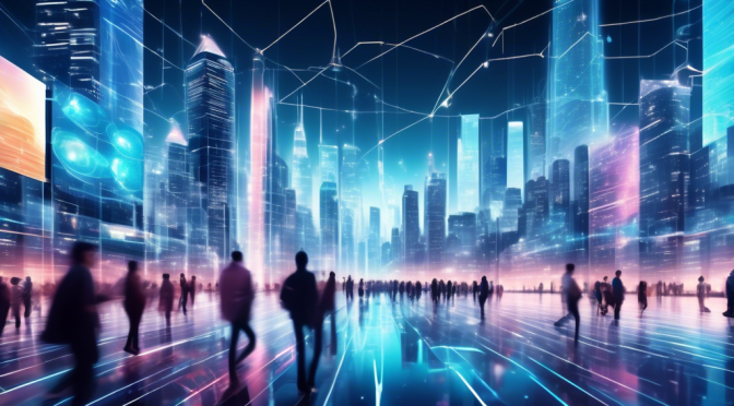 Create a futuristic cityscape where advanced mobile network technology is powered by blockchain. The city is bustling with people using transparent, holographic smartphones, with beams of light symbolizing seamless, ultra-fast connections between devices. The skyline is dotted with sleek, modern skyscrapers, each embedded with digital blockchain circuitry that glows with energy. Dynamic digital billboards display real-time data and cryptocurrency exchange rates, while autonomous vehicles glide through the streets. The atmosphere is vibrant, showcasing a world where blockchain has revolutionized communication and connectivity.