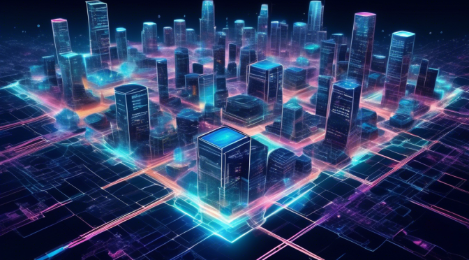 Create an image that visually represents the fusion of blockchain technology and mesh networks. Imagine a futuristic cityscape where interconnected nodes form a seamless and decentralized communication network, with vibrant digital data streams linking various devices and buildings. The scene should convey both the complexity and harmony of these technologies working together, with elements symbolizing security, connectivity, and innovation. Incorporate abstract representations of blockchain hash chains and wireless signals weaving through the environment, highlighting their collaborative interaction.