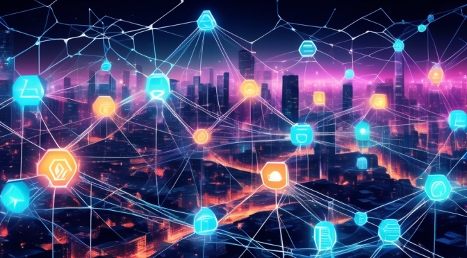 Create a futuristic digital artwork depicting a vibrant social network web intertwined with glowing blockchain chains. The image should convey the seamless integration of advanced technology in social networking, with nodes representing people and connections connected by dynamic blockchain links, symbolizing security and transparency. Include elements like holographic user interfaces and a cityscape in the background to emphasize innovation and the digital age.