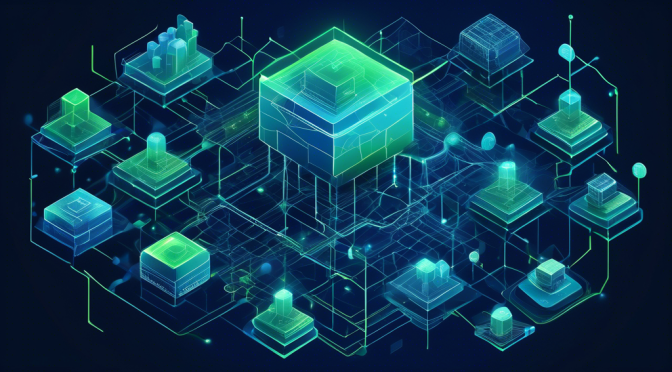 Create a detailed and visually engaging illustration of the inner workings of a blockchain network. Include interconnected digital blocks with data, nodes communicating information, and a decentralized structure. Incorporate a futuristic design that highlights the transparency and security aspects of blockchain technology. Use a color palette that includes shades of blue and green to evoke a sense of technology and innovation.